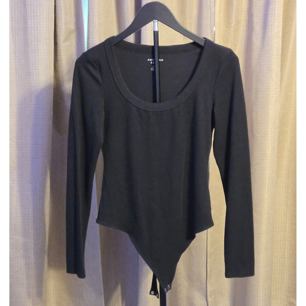 American Eagle Scoop Neck Long Sleeve Bodysuit Womens Size Medium Black